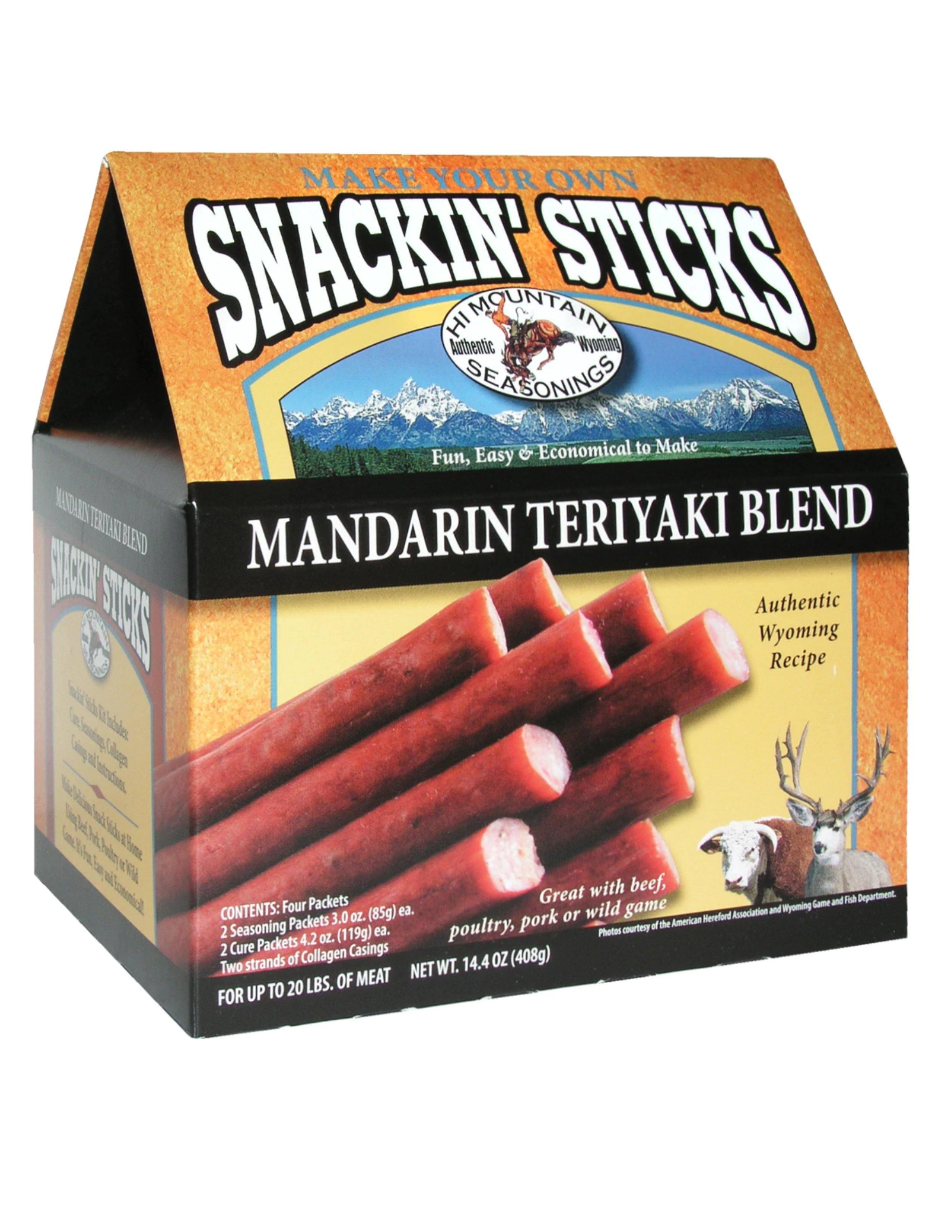 Hi Mountain Snackin' Sticks Mandarin Teriyaki Blend kit box, featuring snack sticks image.