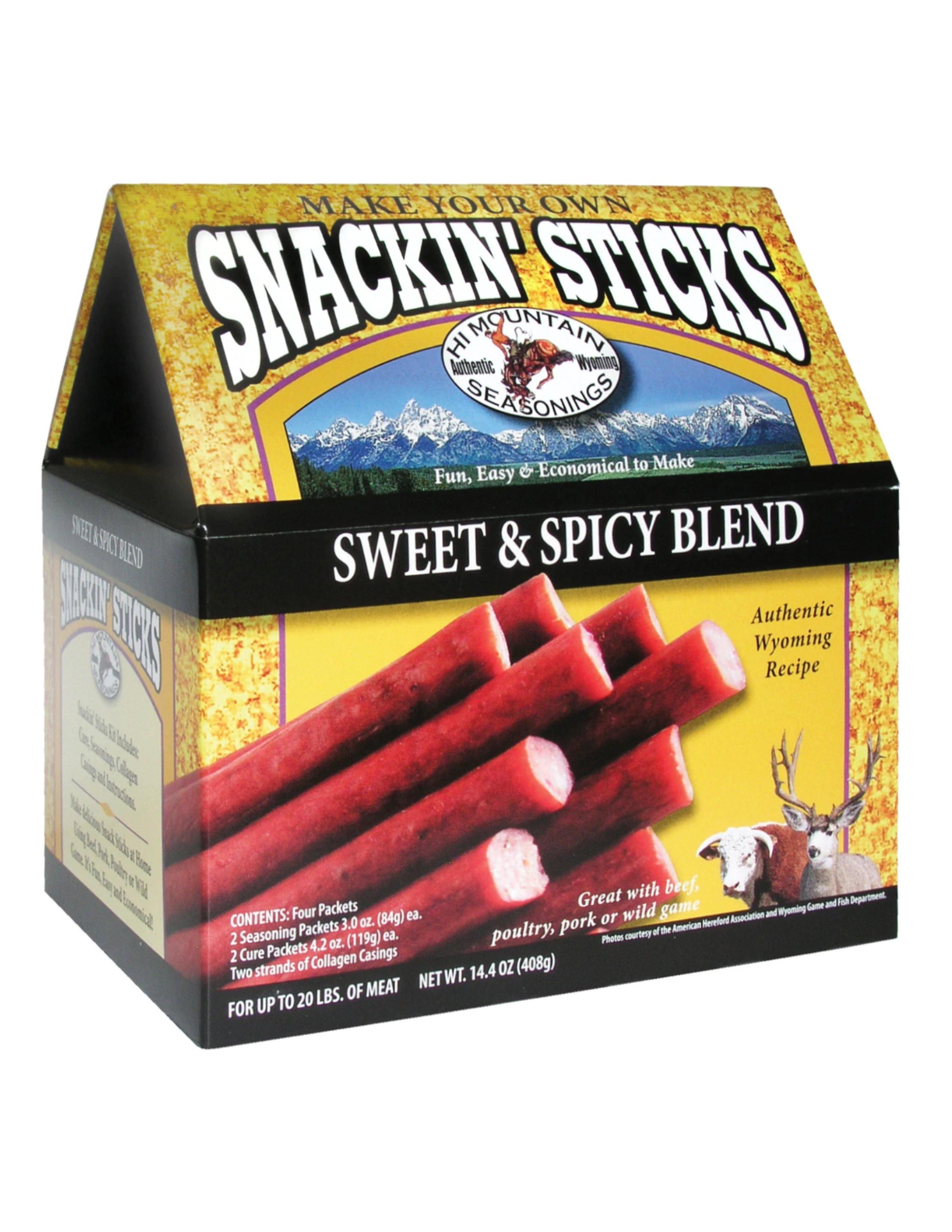 Hi Mountain Snackin' Sticks kit box, sweet and spicy blend, for homemade jerky and snack sticks