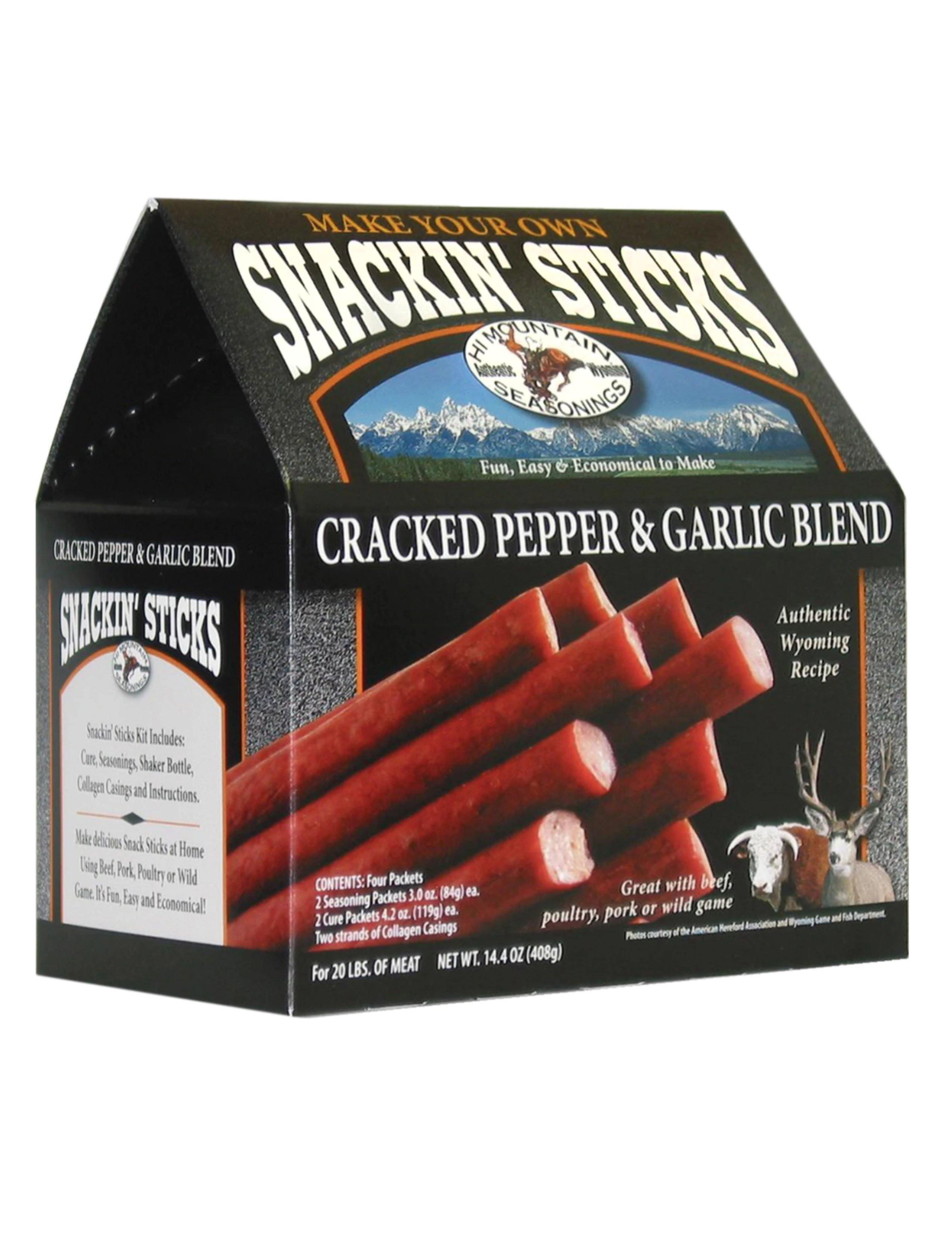 Hi Mountain Snackin' Sticks Cracked Pepper & Garlic Blend kit box with snack stick image