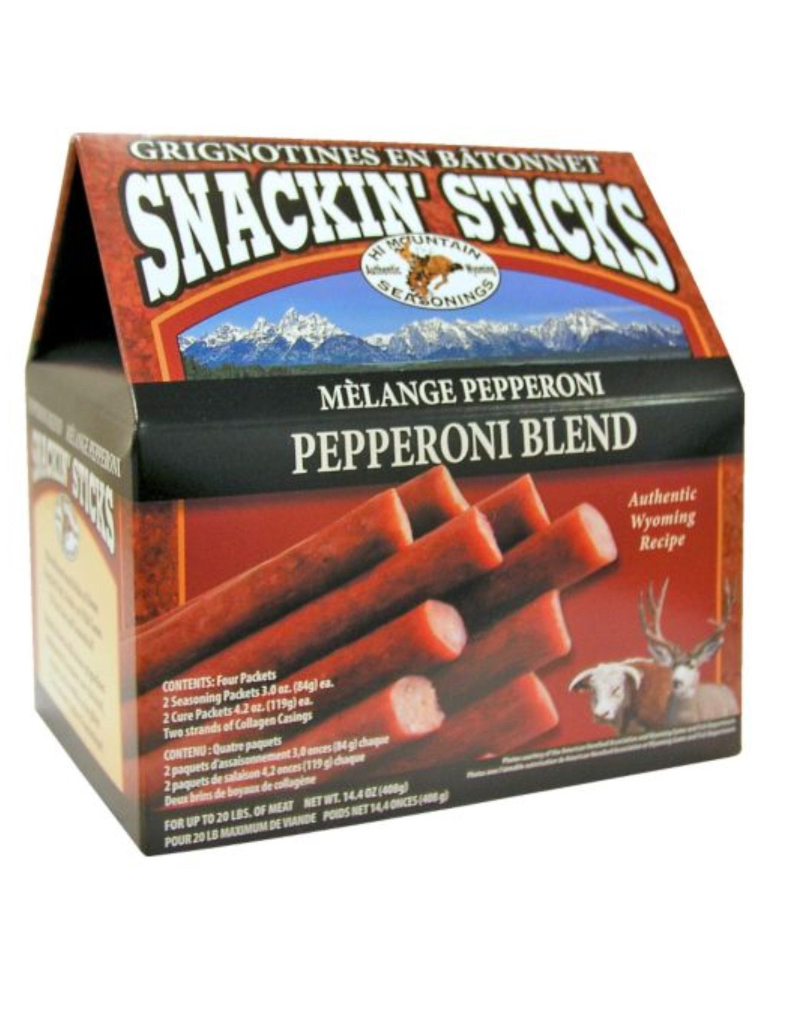 Hi Mountain Snackin' Sticks Pepperoni Blend kit box with mountain graphics