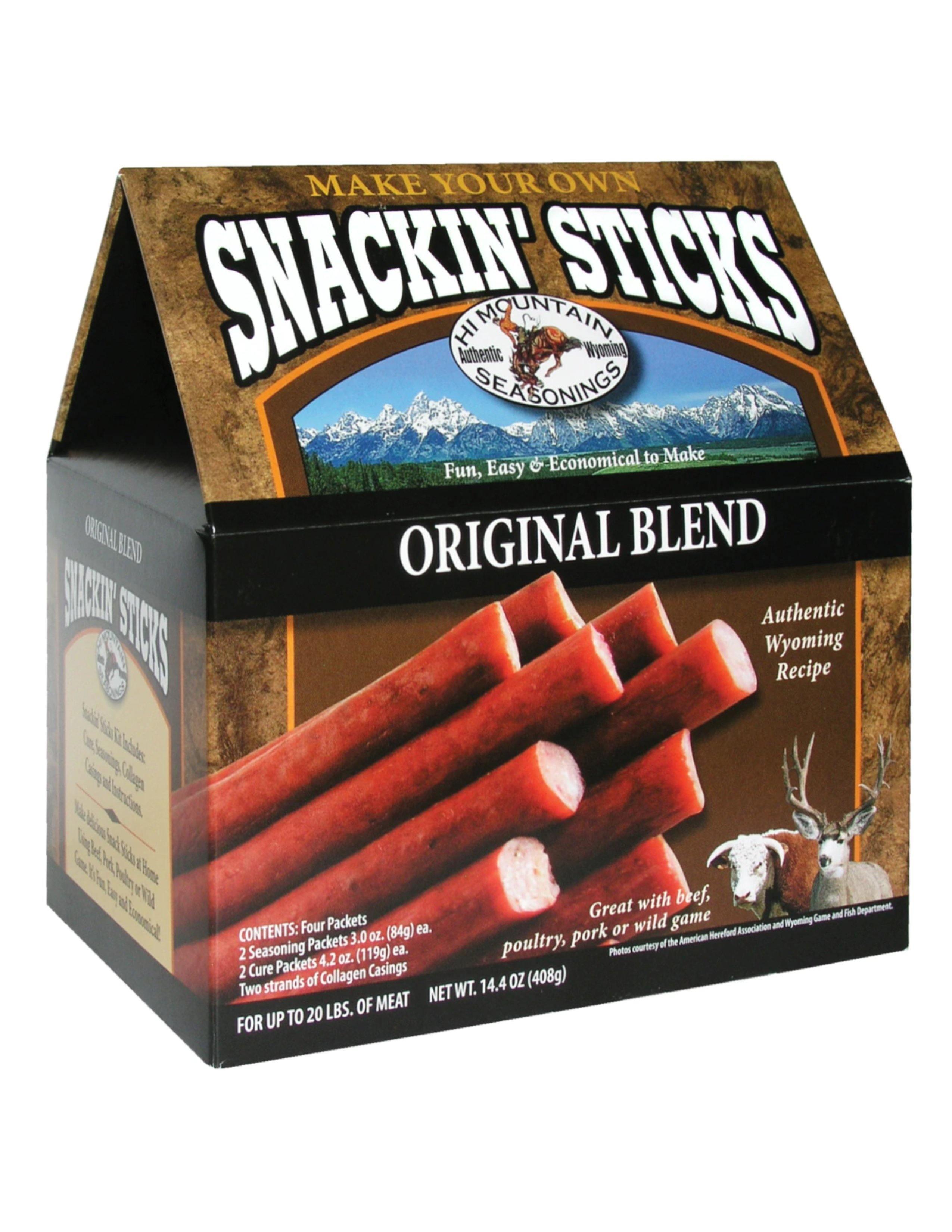 Hi Mountain Snackin' Sticks Original Blend kit box with meat sticks and wildlife images
