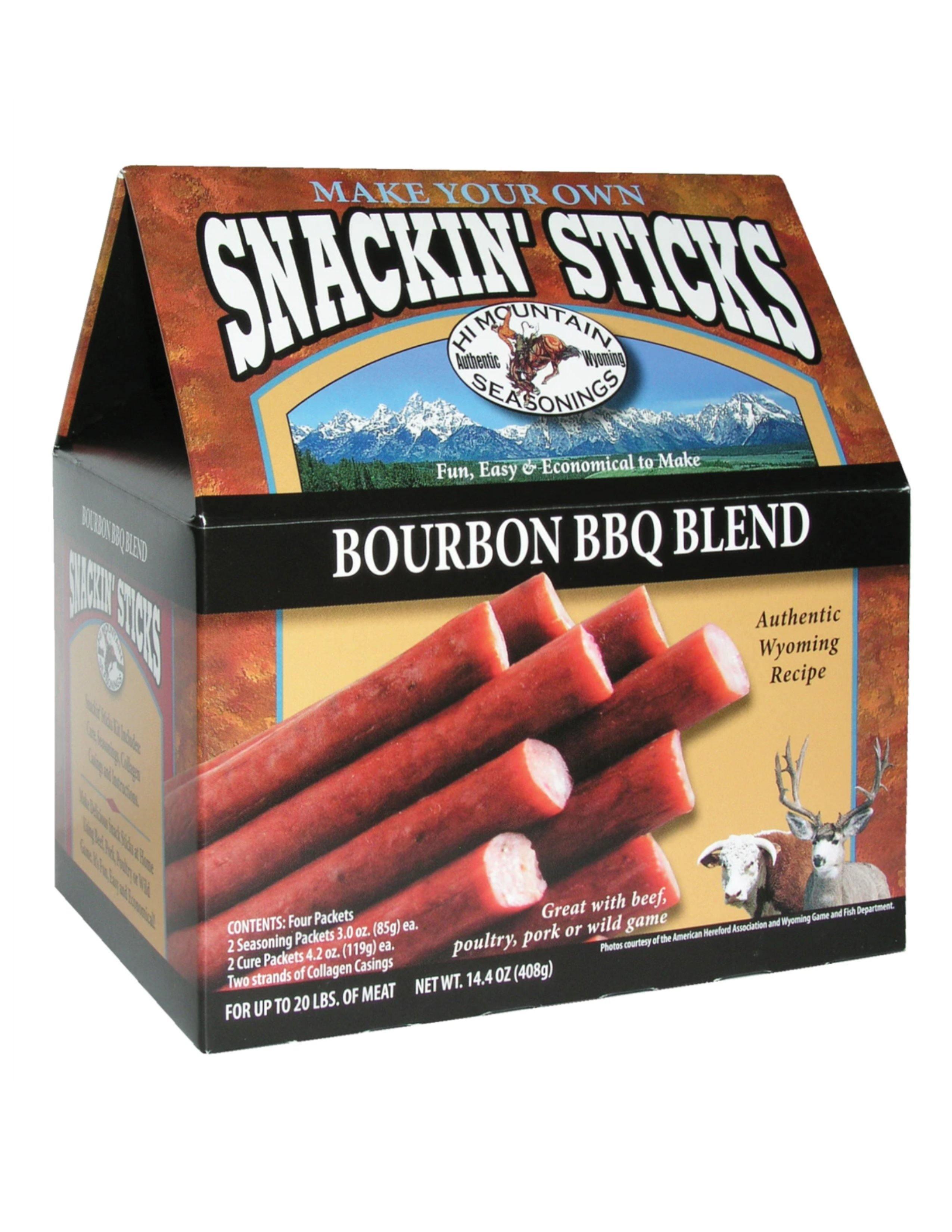 Hi Mountain Snackin' Sticks Bourbon BBQ Blend kit box with meat sticks image
