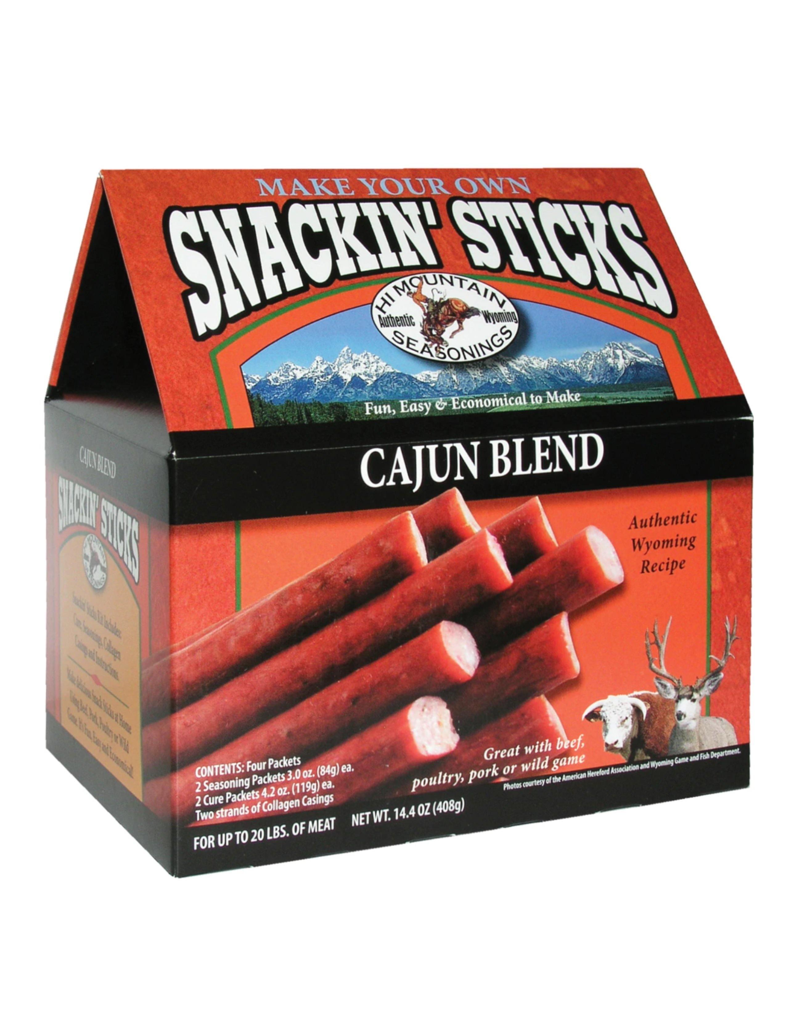 Hi Mountain Snackin' Sticks Cajun Blend kit box with sticks, beef and deer images