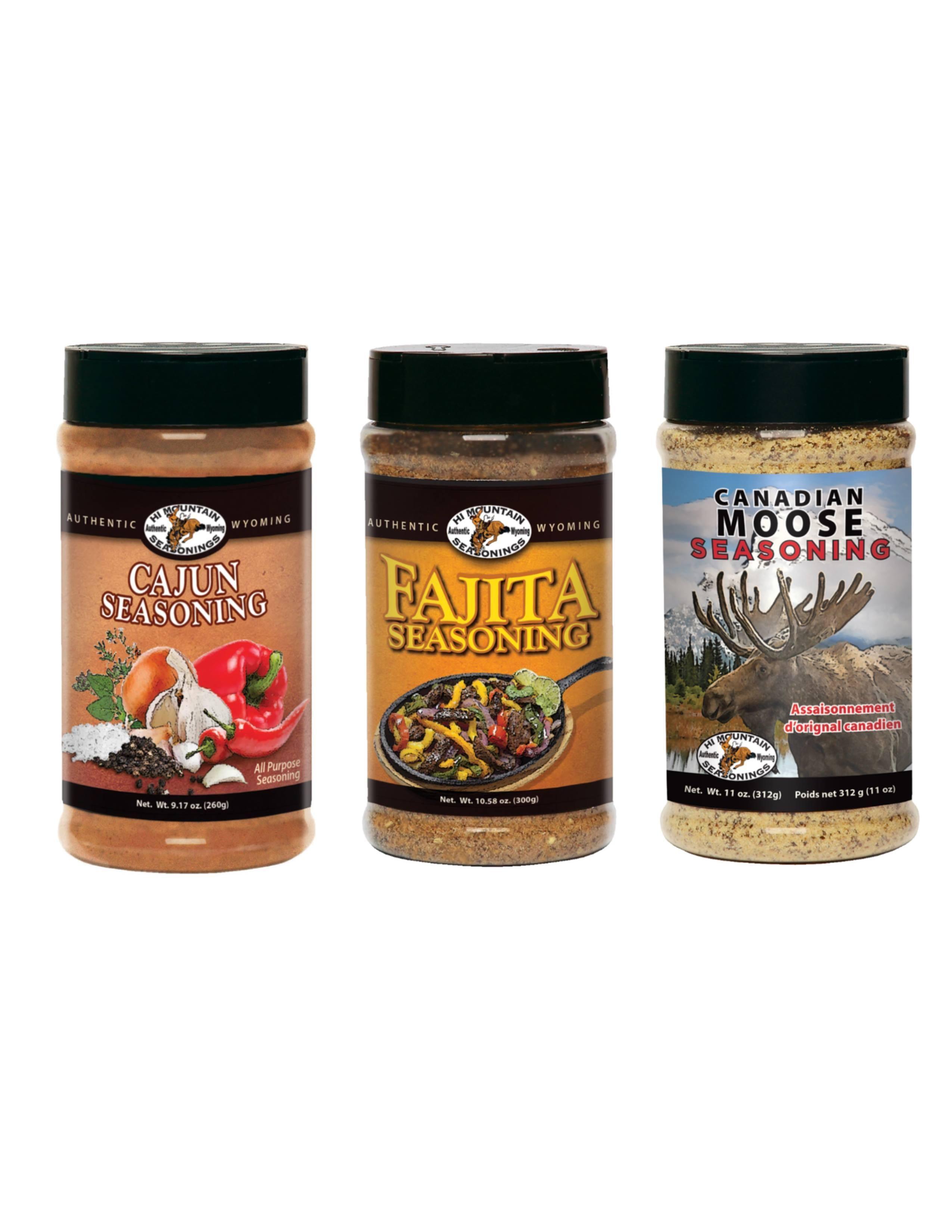 Hi Mountain seasonings trio: Cajun, Fajita, and Canadian Moose spice bottles front view