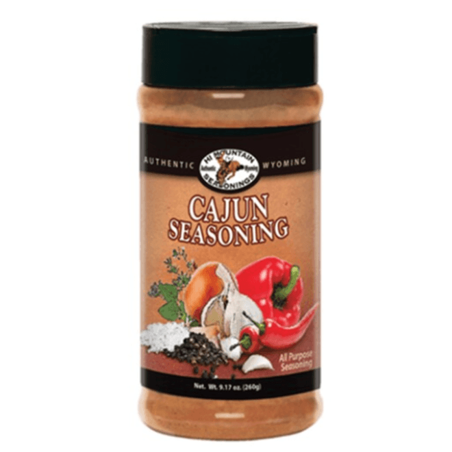 Hi Mountain Cajun Seasoning bottle with herbs, onion, pepper, and garlic on brown label