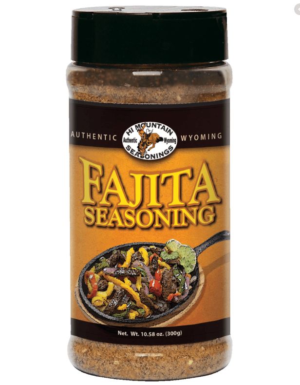 Hi Mountain Fajita Seasoning bottle with colorful fajita skillet image on label