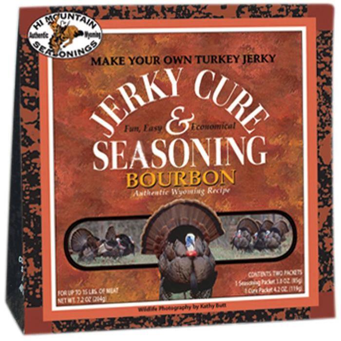 Hi Mountain Bourbon turkey jerky seasoning box with wild turkey image on front