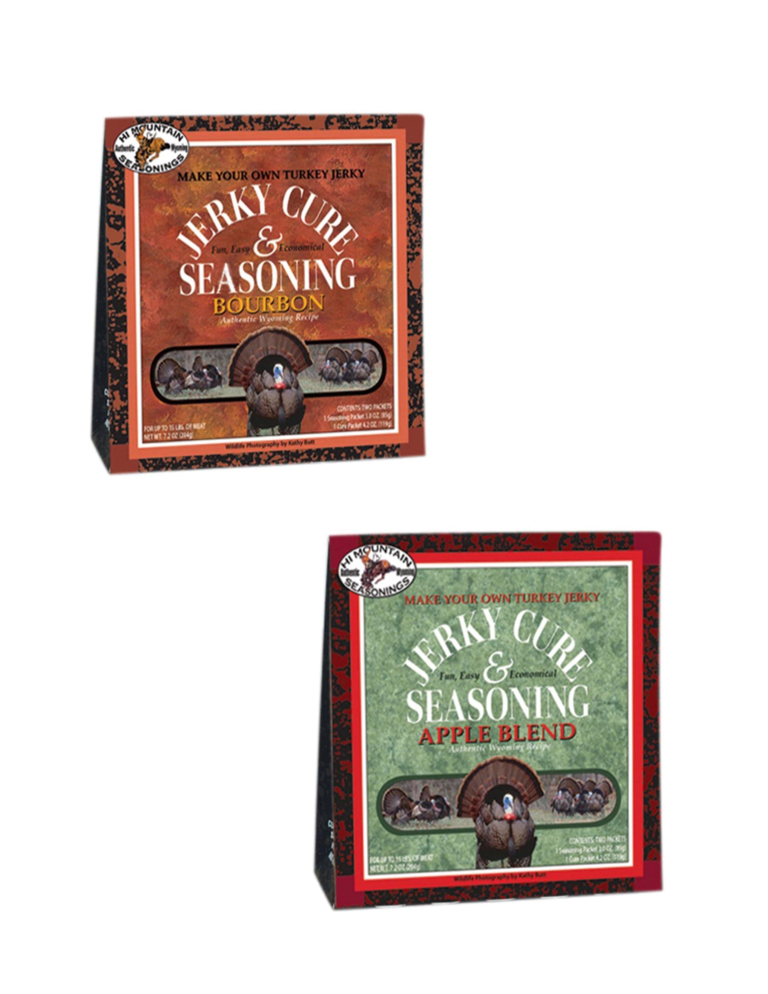 Hi Mountain turkey jerky seasoning packaging, bourbon and apple blend flavors, product display