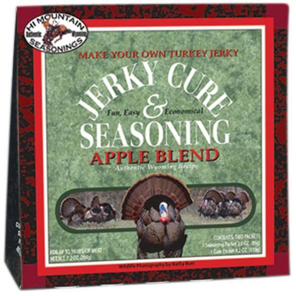 Hi Mountain Jerky Cure & Seasoning Apple Blend turkey jerky seasoning box with turkey images