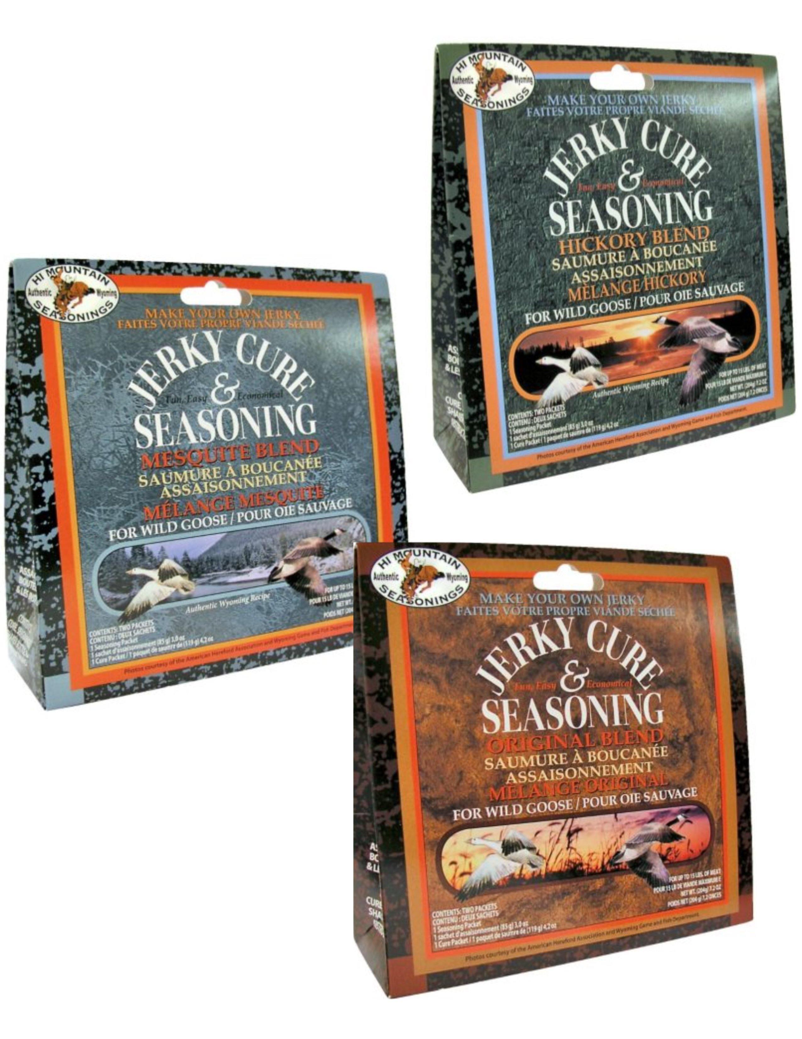 Hi Mountain Jerky Cure & Seasoning for wild goose, three blend boxes with flying geese artwork