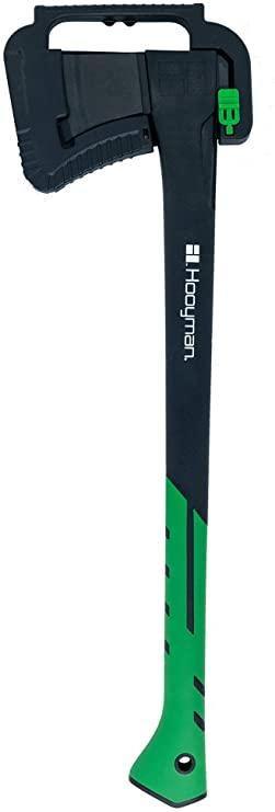 Hooyman chopping axe with black and green handle, blade covered, on white background