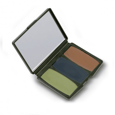 Woodland camo makeup kit with brown, green, black colors and mirror in open compact case.