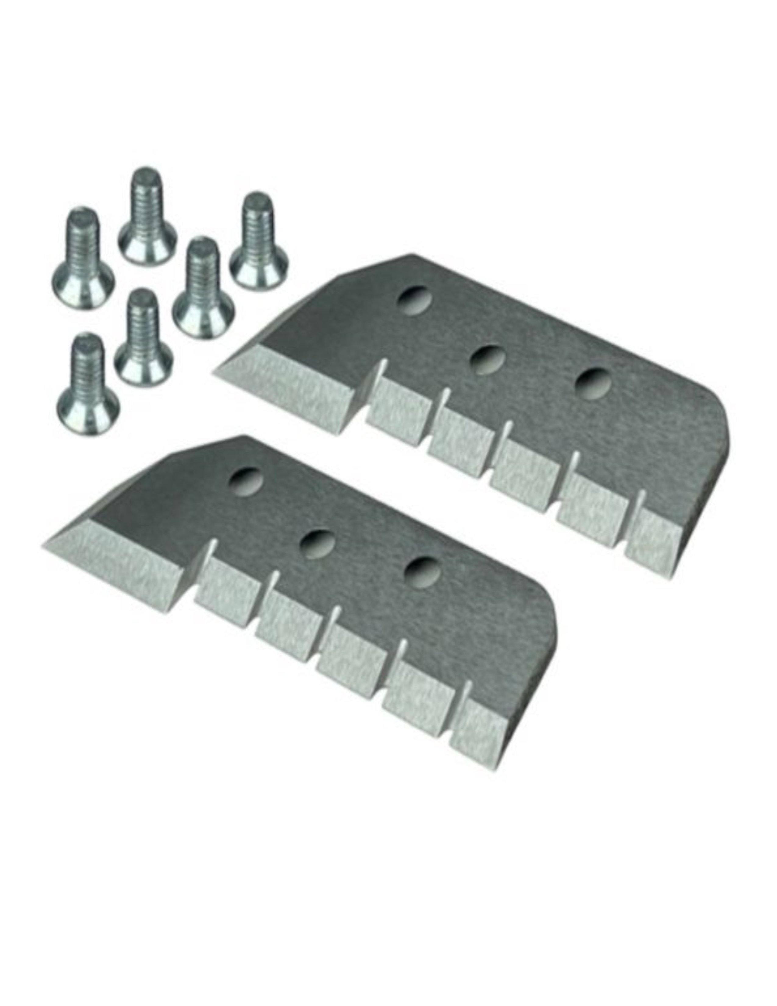 Jiffy ice auger hand auger replacement blades with six mounting screws on white background
