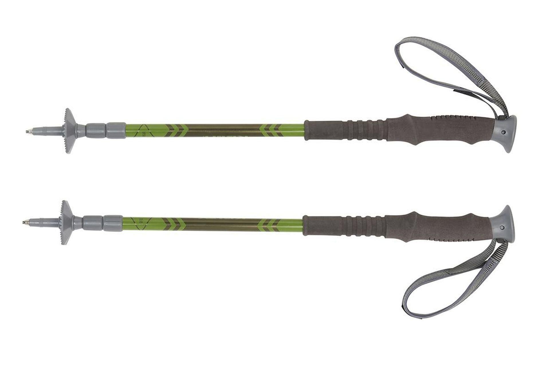 Pair of Kelty Upslope 2.0 trekking poles with green shafts and black foam grips