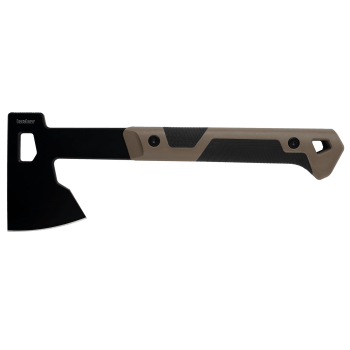 Kershaw Deschutes camp axe with black blade and tan textured handle on white background