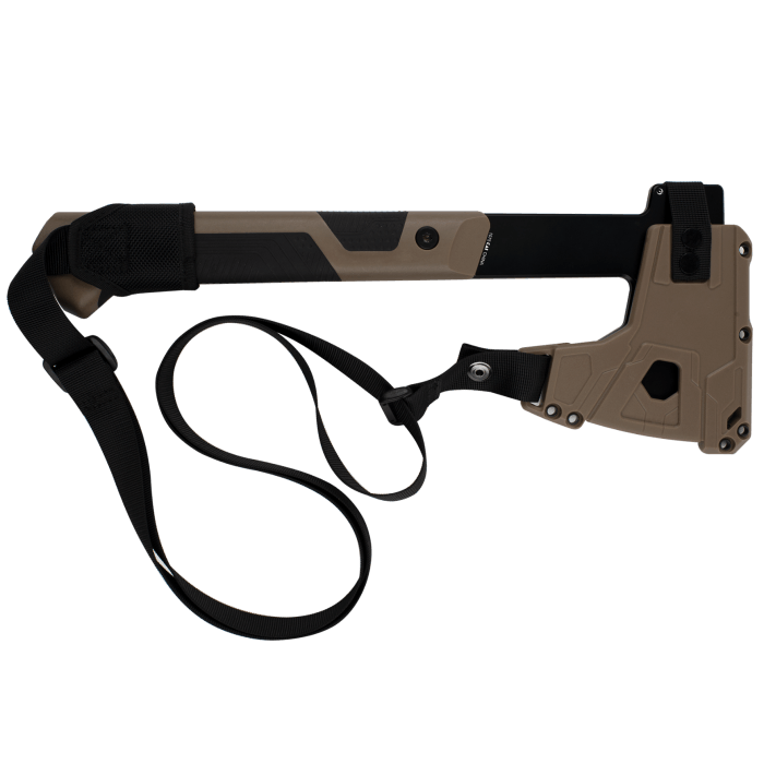 Kershaw Deschutes camp axe with tan sheath and black strap isolated on white background