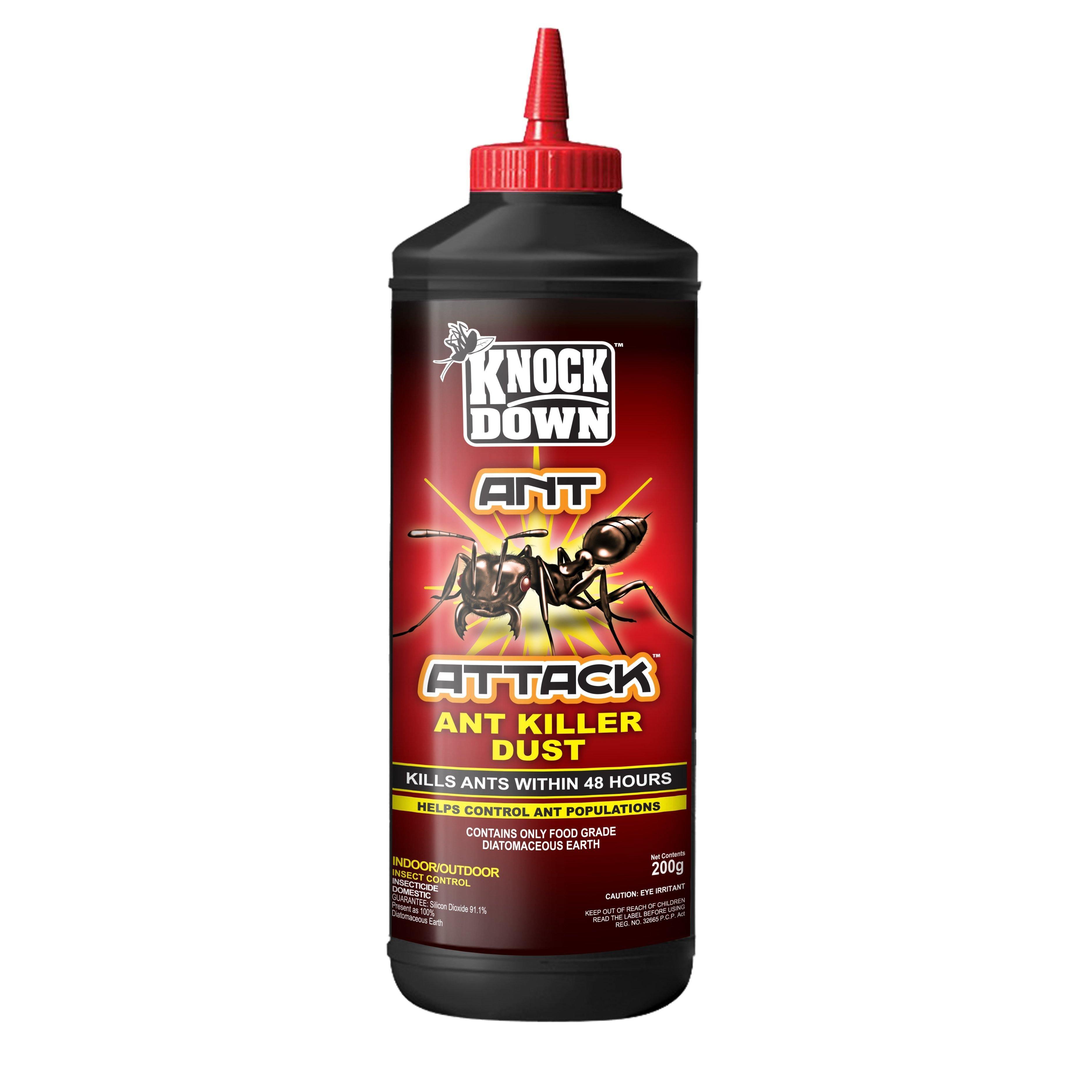 Knock Down Ant Attack ant killer dust bottle with red cap and bold insect control label