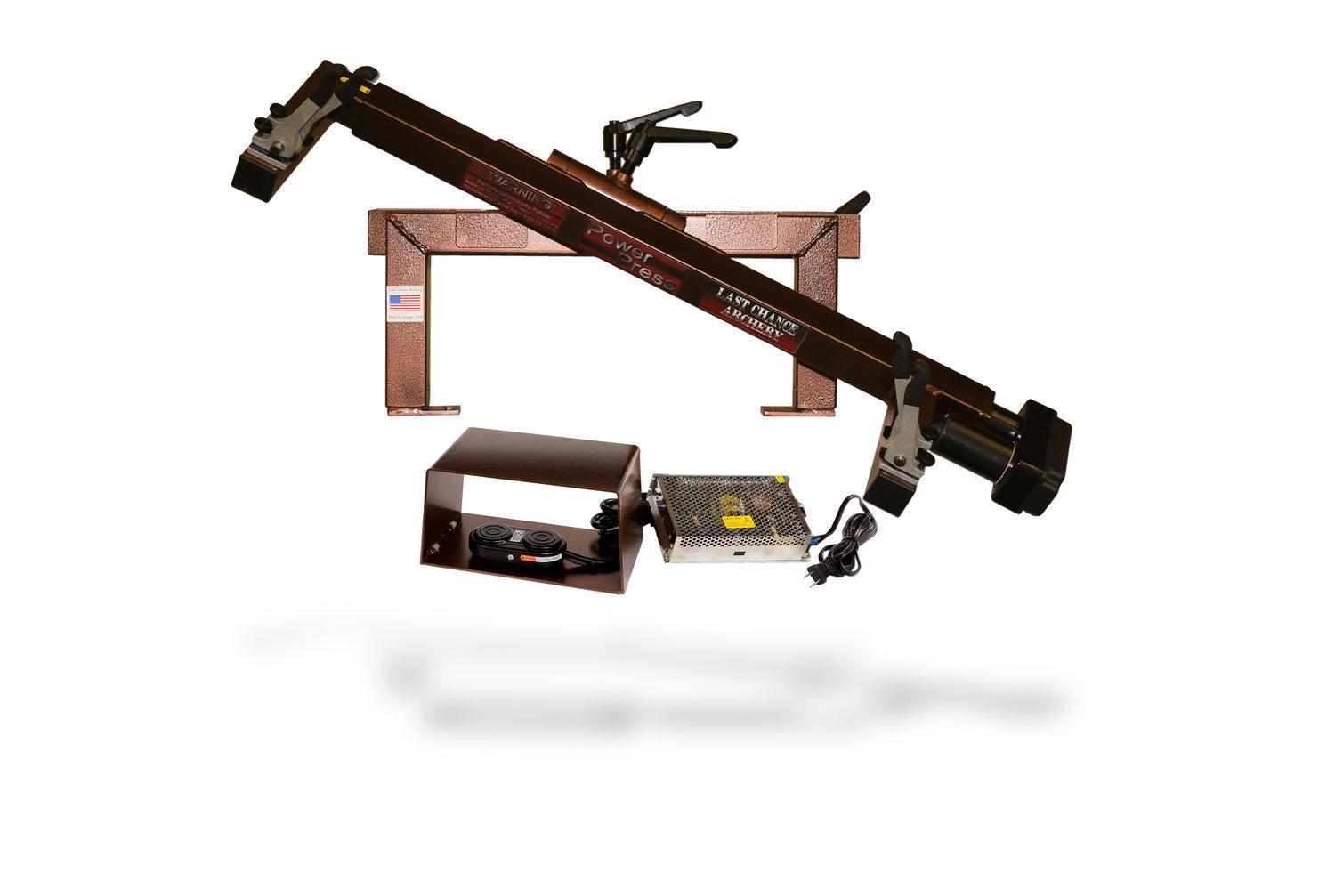 Last Chance Archery Deluxe 2nd Axis bow press with power supply and foot pedal on white background