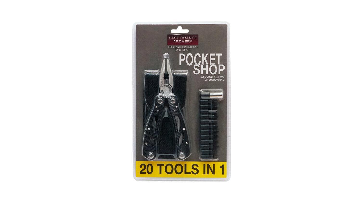 Last Chance Archery Pocket Shop multi-tool kit in retail packaging labeled 20 tools in 1