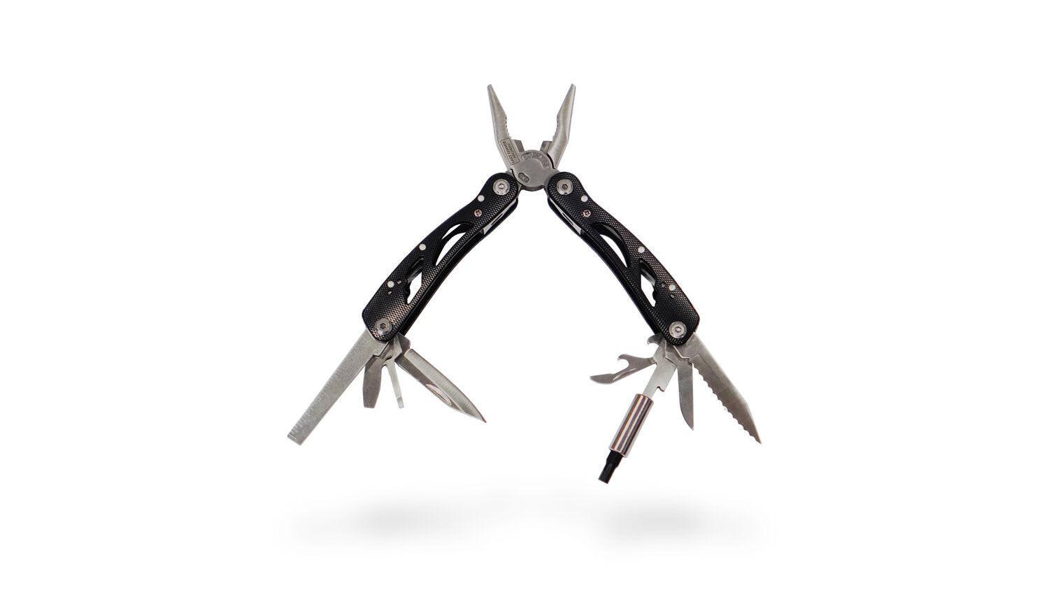 Multi-tool with pliers, knives, and screwdriver on white background
