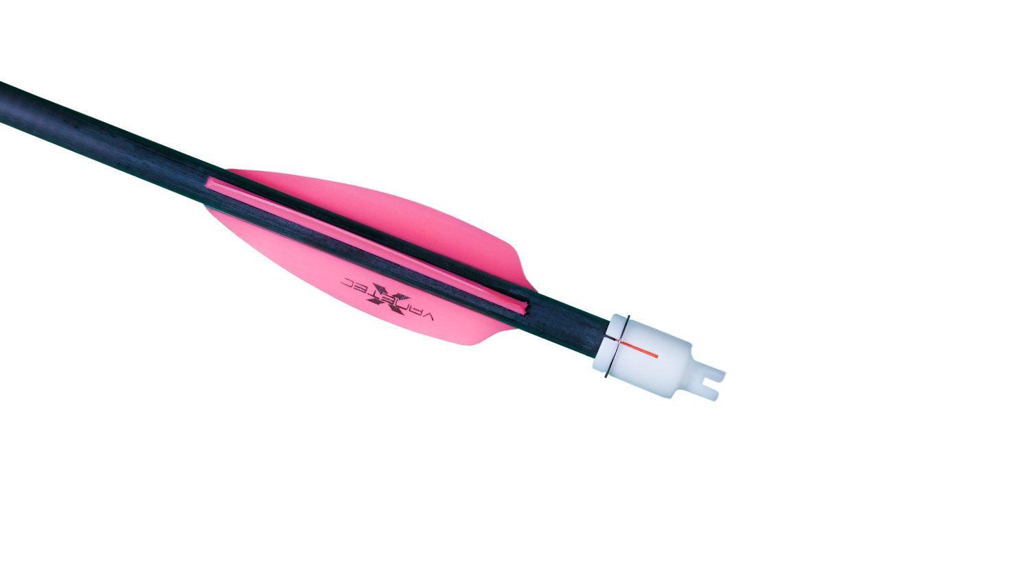 Crossbow bolt fletching adapter with pink vanes and black shaft on white background