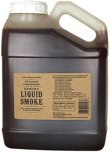 Lazy Kettle Brand all natural hickory liquid smoke 1-gallon jug with tan label