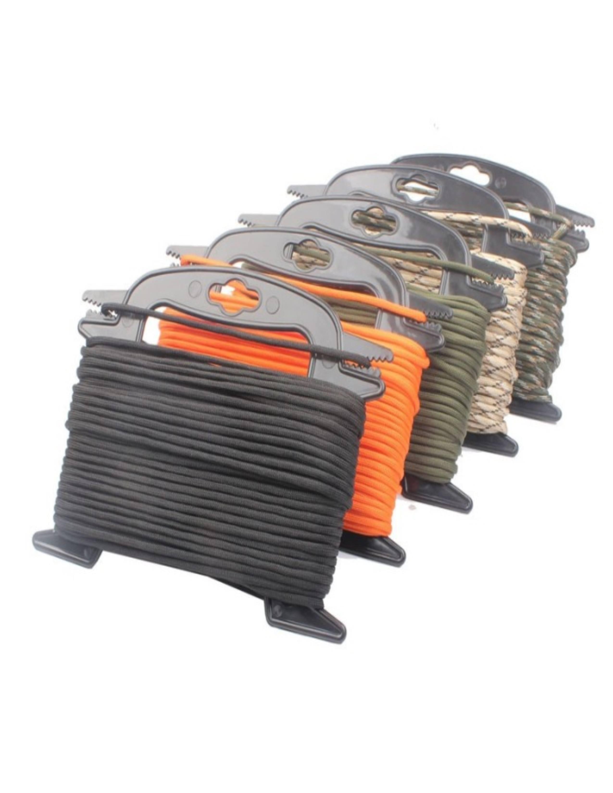 Paracord 100ft spools in black, orange, green, and camo colors on black reels