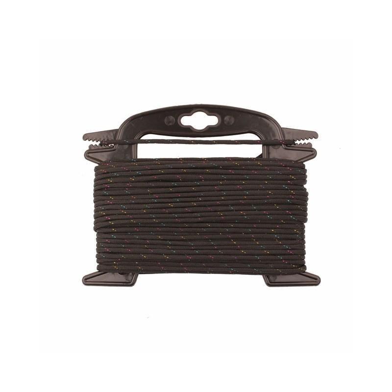 Black 4mm 100ft paracord with colorful flecks on plastic spool for outdoor use