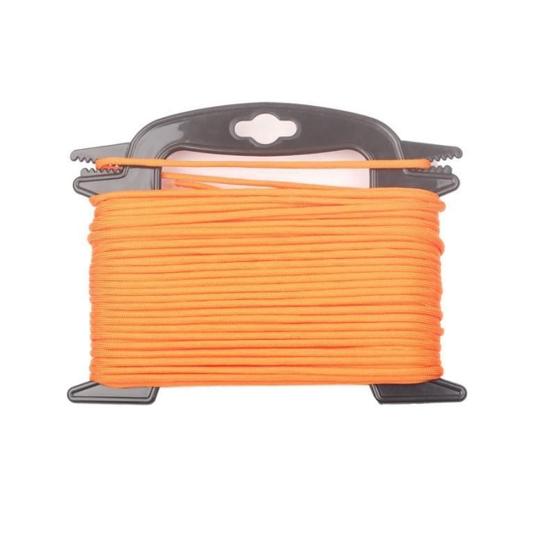 Bright orange paracord 100ft on black plastic winder, 7-strand core, isolated on white