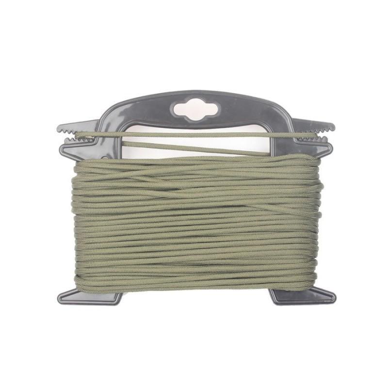 Olive green 4mm paracord 100ft on a gray plastic spool for outdoor or survival use