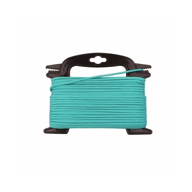 Aqua blue 4mm paracord 100ft wound on a black plastic spool, outdoor gear accessory.