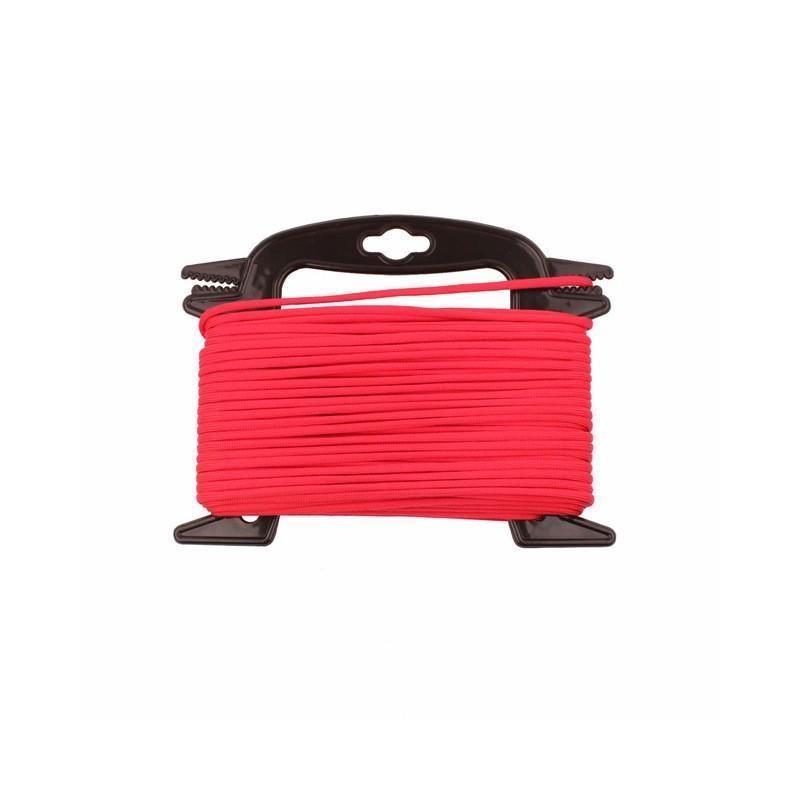 Bright red paracord 100ft on black plastic winder, 7-strand core, outdoor survival rope
