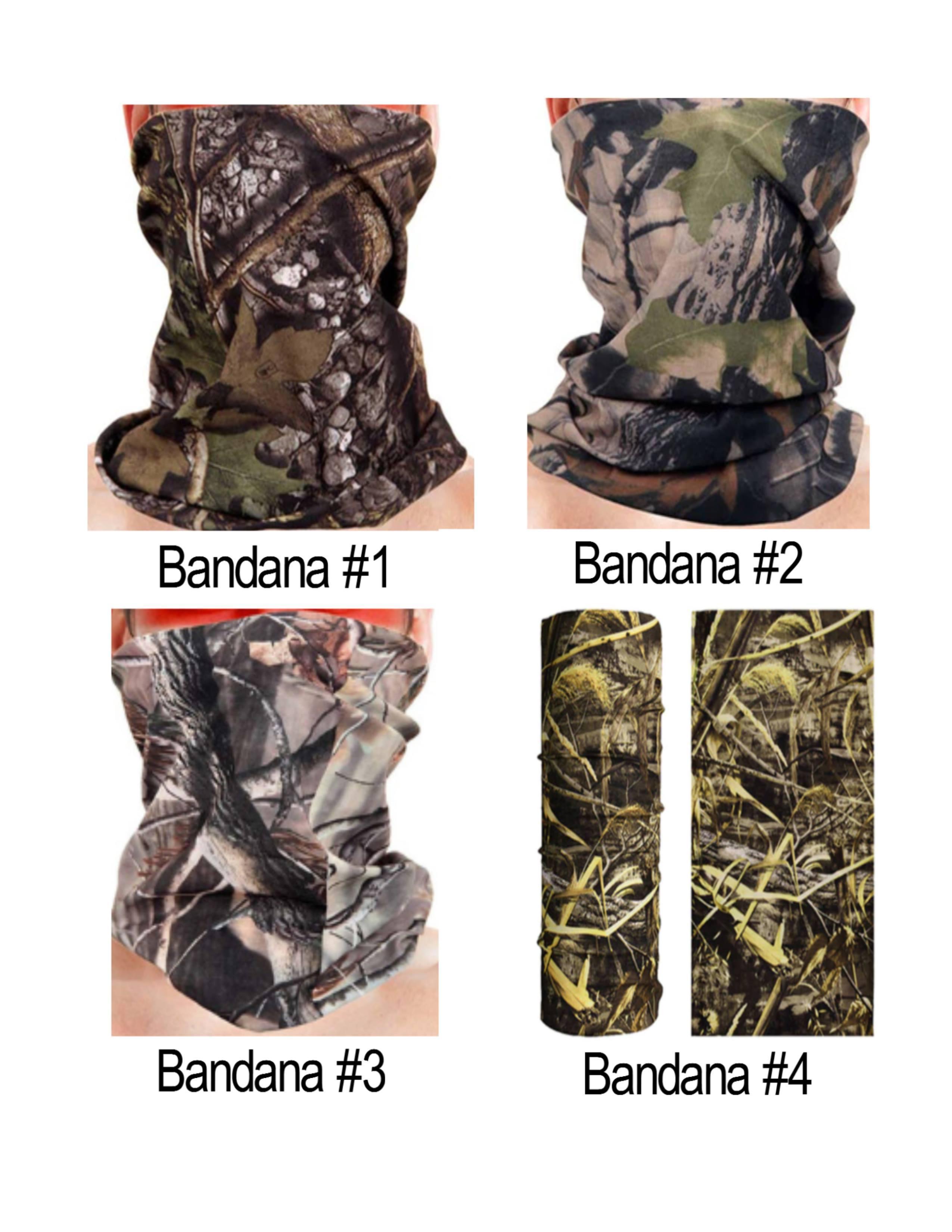 Four LeapFrog multifunctional bandanas in various camouflage patterns for outdoor sports.