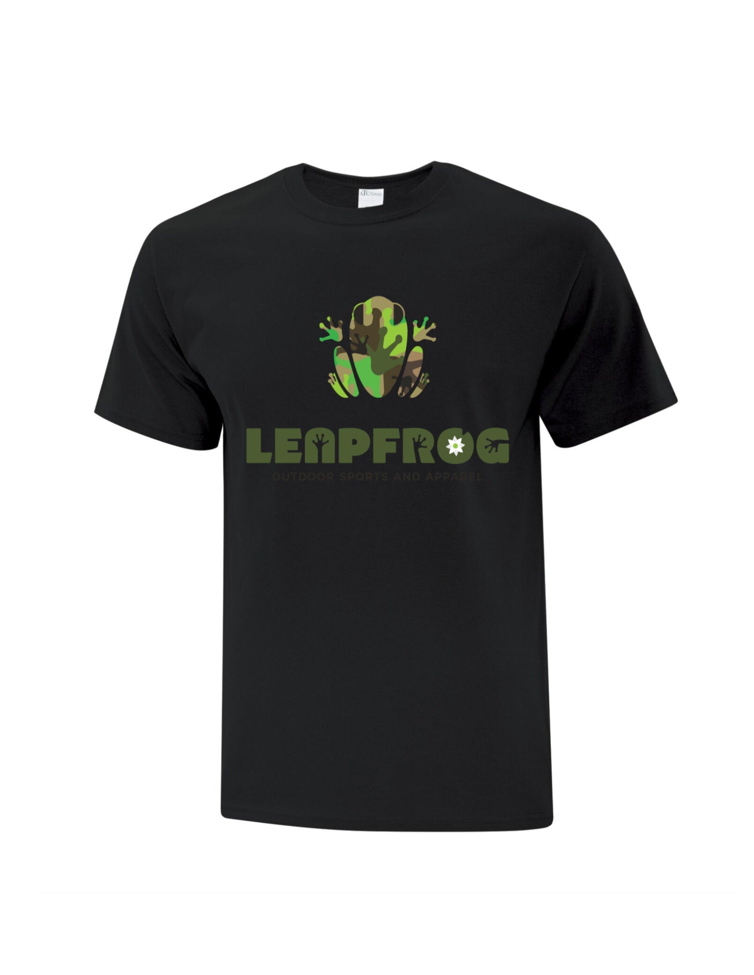 Black cotton t-shirt with camo frog graphic and Leapfrog Outdoor logo on chest