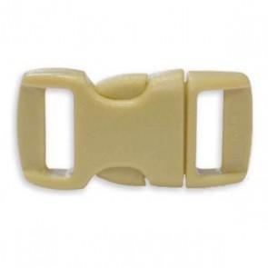 Tan plastic side release buckle for paracord bracelets on white background
