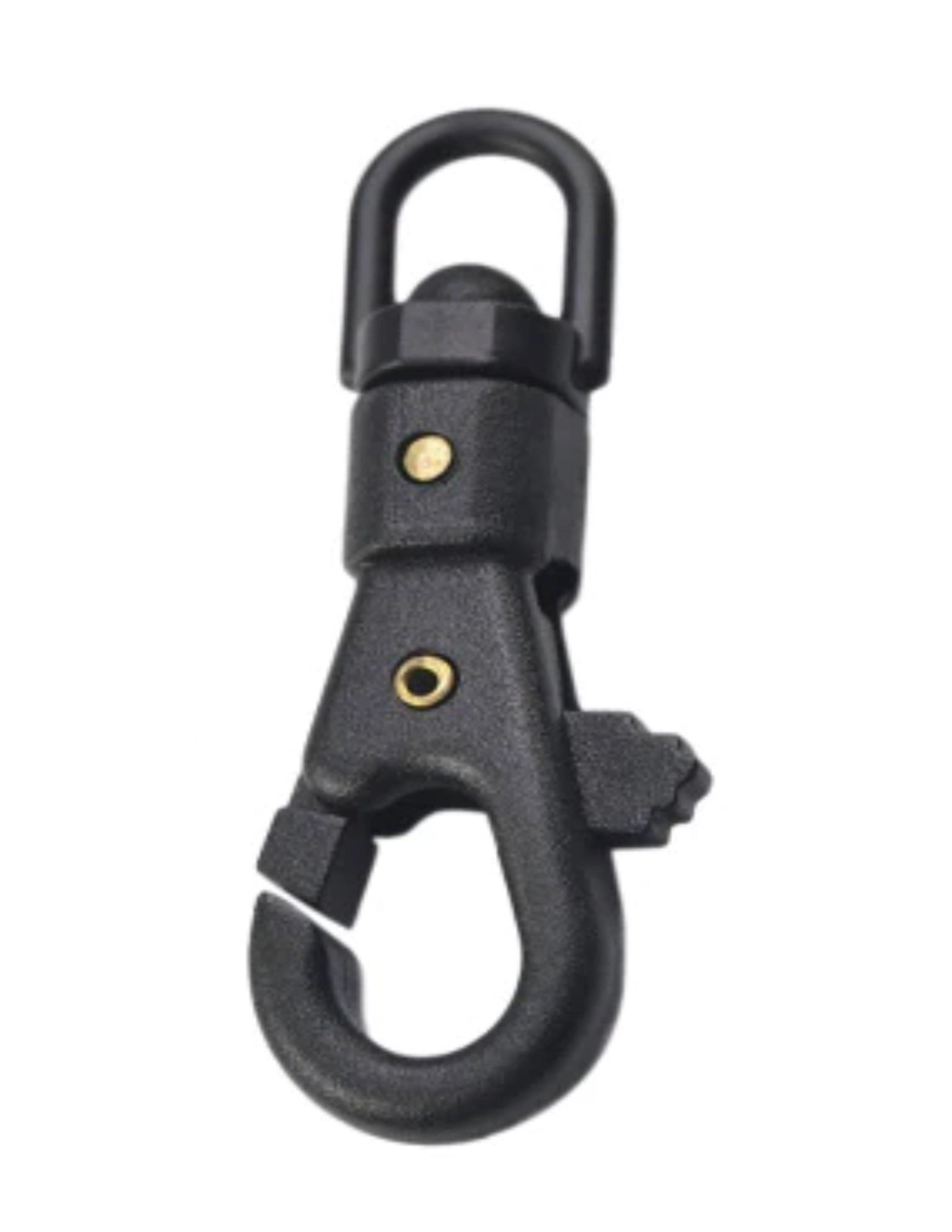 Black plastic paracord swivel snap hook with gold rivets on white background