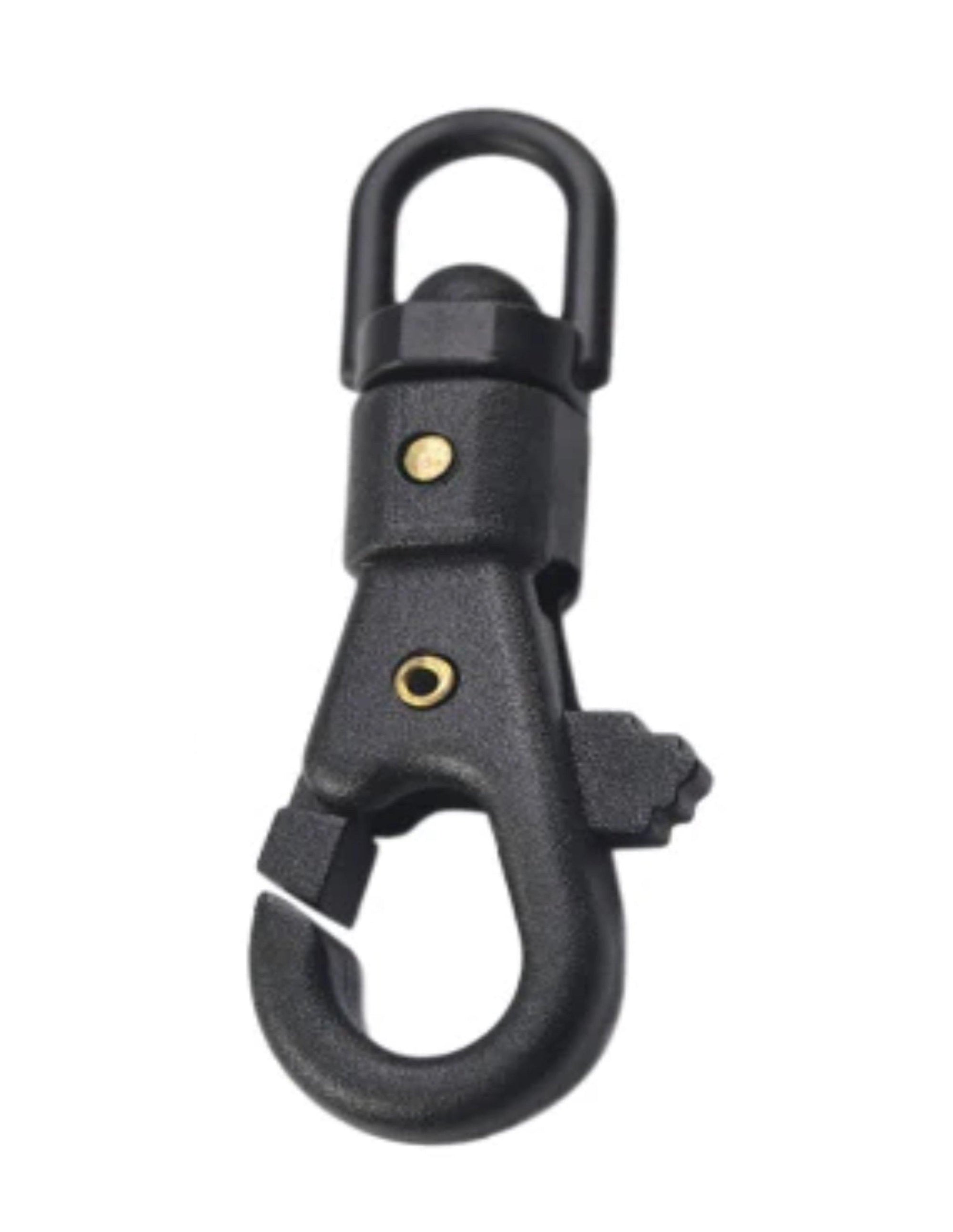 Black plastic paracord swivel snap hook with gold rivets on white background