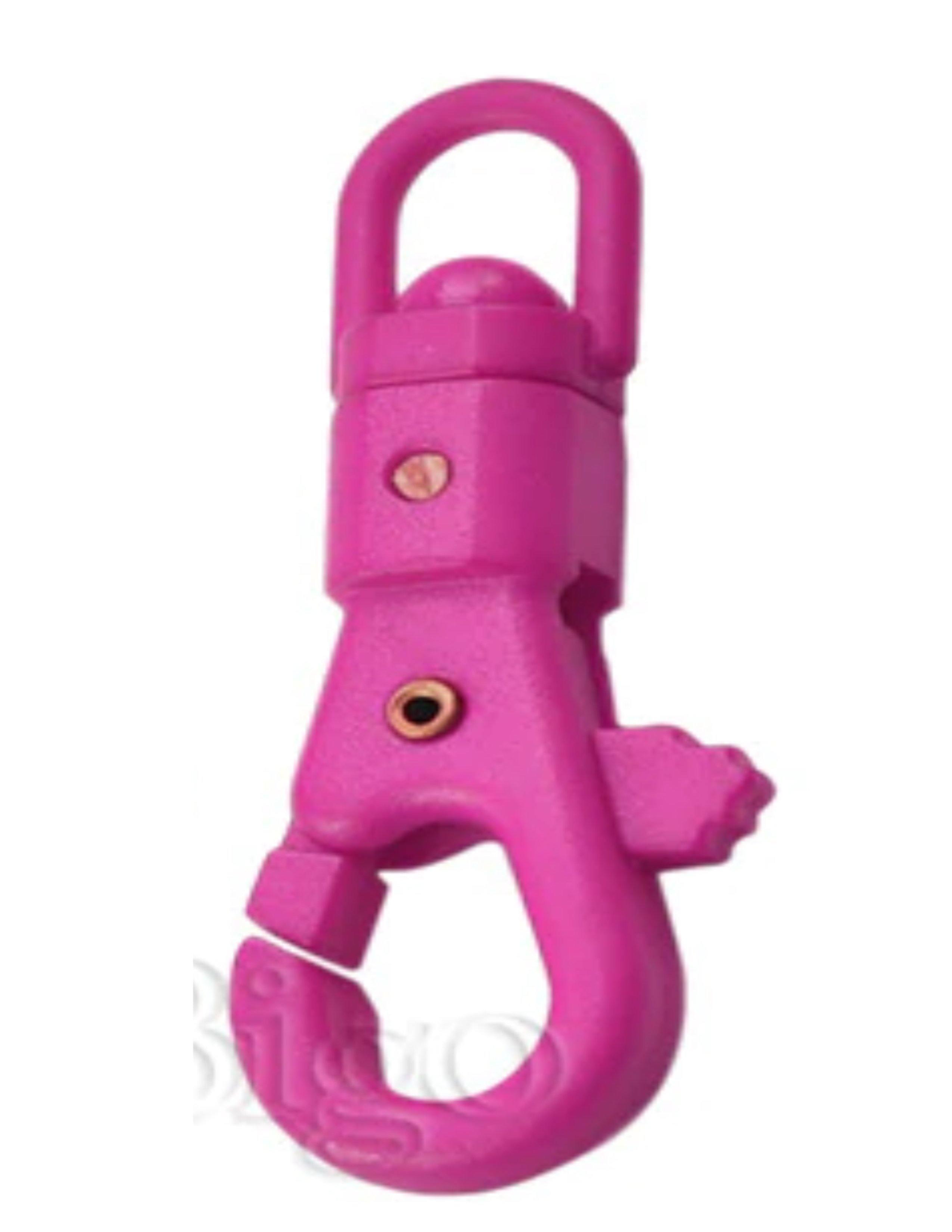 Bright pink plastic swivel snap hook for paracord crafts, isolated on white background