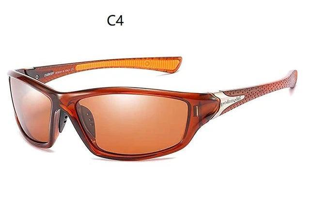Brown polarized sports sunglasses with orange-tinted lenses and textured arms, model C4