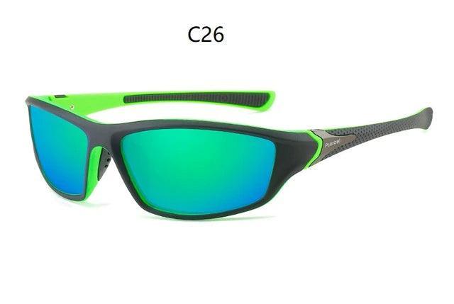 Green and black polarized sports sunglasses with blue reflective lenses, model C26