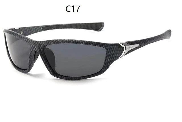 Leapfrog polarized sunglasses with black carbon fiber frame and dark lenses, style C17