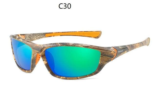 Camo frame polarized sunglasses with mirrored blue-green lenses, labeled C30.