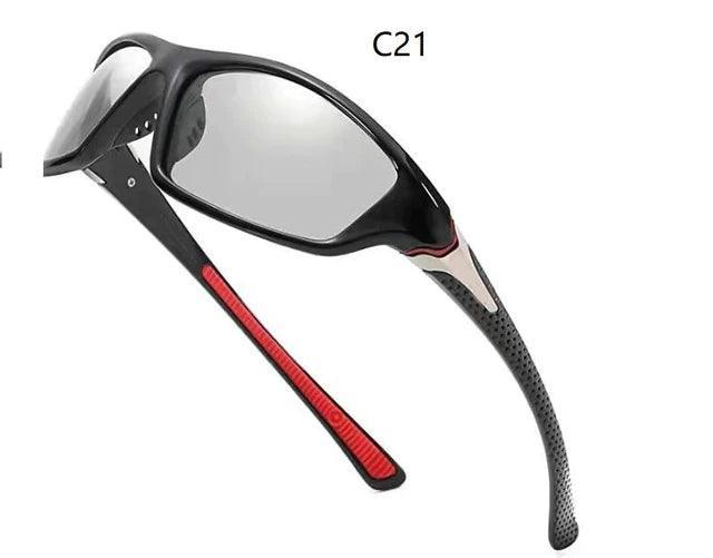 Black and red polarized sports sunglasses with reflective lenses, model C21