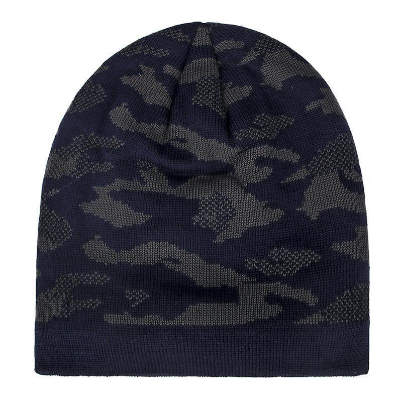 Blue camouflage beanie for unisex, knit outdoor winter hat on white background