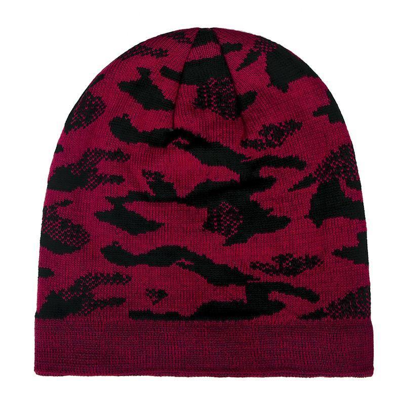 Red and black camouflage knit beanie, unisex winter hat, outdoor apparel