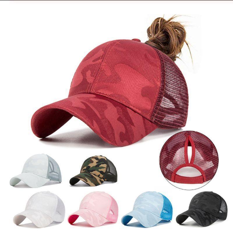 Women's camouflage ponytail snapback caps in assorted colors with mesh back design