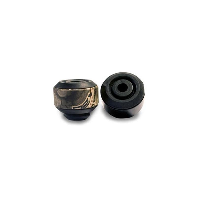 Limbsaver archery cable guard dampener in camo, two black and camo round pieces on white background