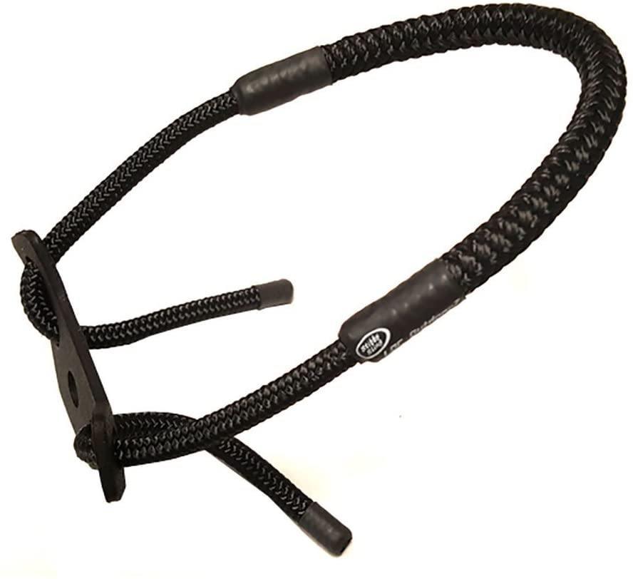 Black braided archery bow wrist sling with stiff cord and sturdy mount plate