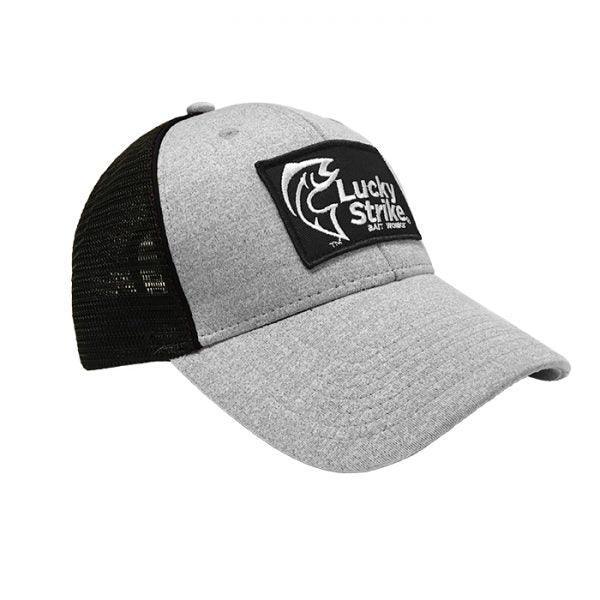 Lucky Strike Bait Works grey and black baseball cap with embroidered fish logo