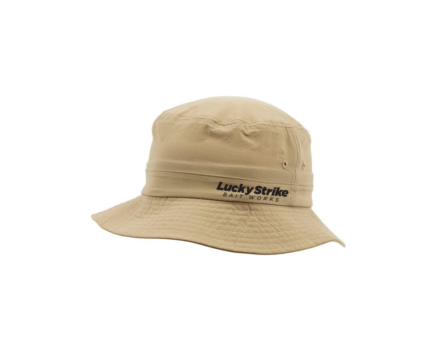 Khaki Lucky Strike Bait Works bucket hat outdoor sports apparel on white background